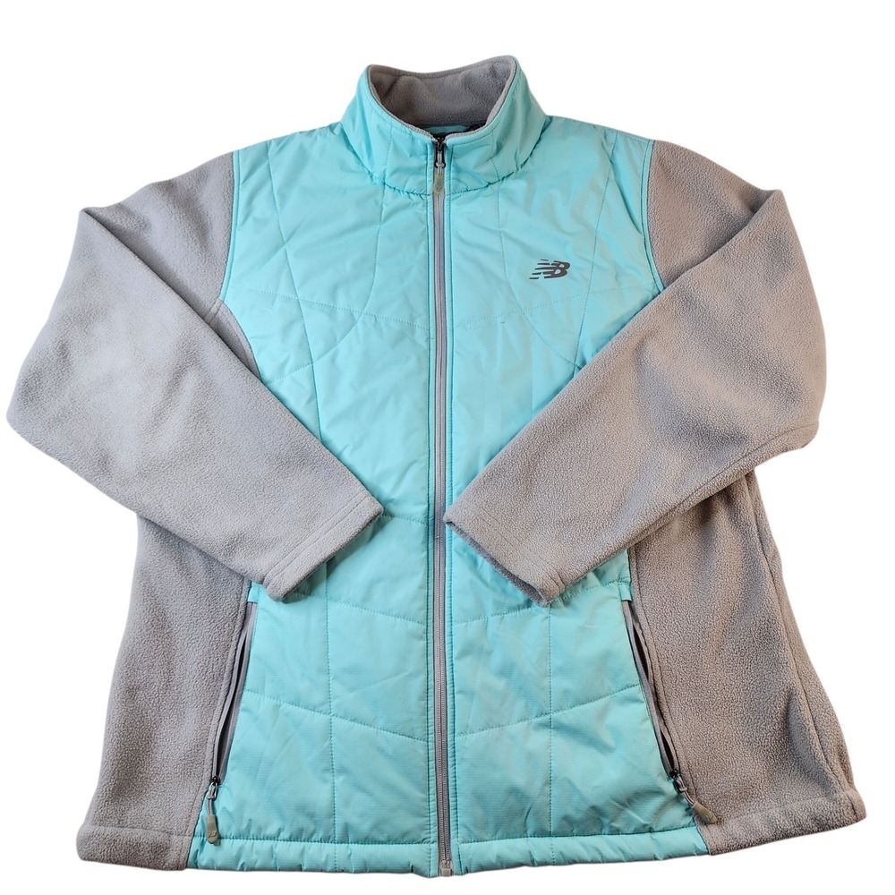 New Balance Jacket Womens 2XL Full Zip Fleece Puffer Quilted Teal Gray Pockets